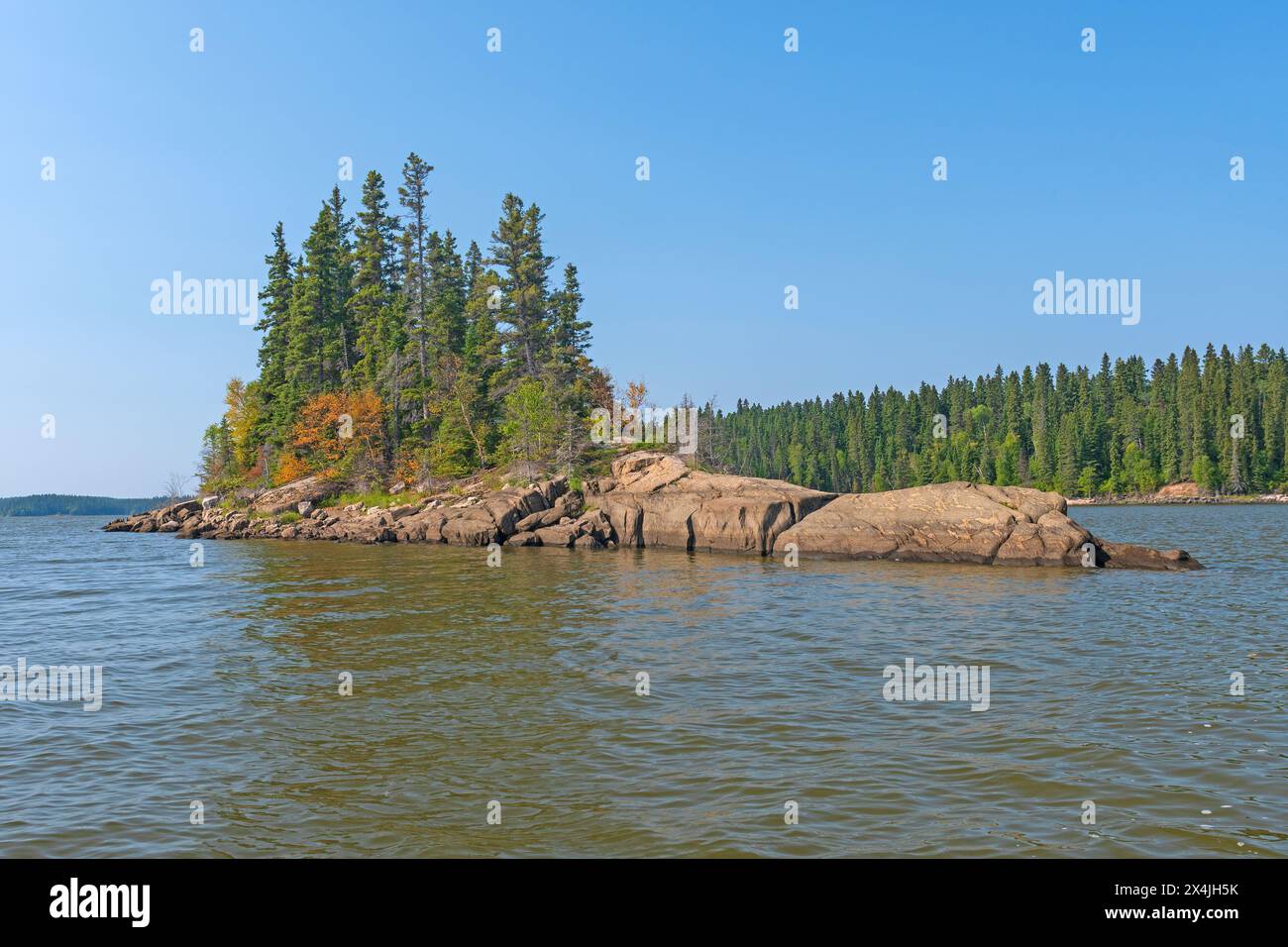 Isola dalla forma unica nel North Woods nel Paint Lake Provincial Park di Manitoba Foto Stock