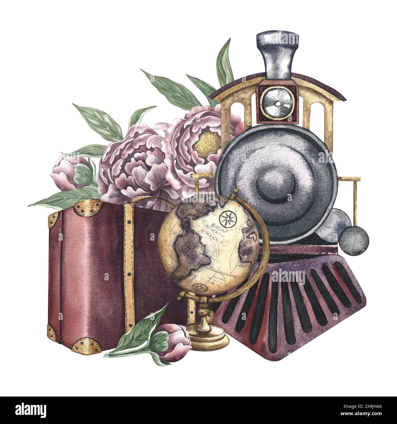 Viaggio in treno retrò. Una composizione con una locomotiva a vapore, una valigia, un globo e peonie. Illustrazione ad acquerello, realizzata a mano in stile vintage. Per b Foto Stock