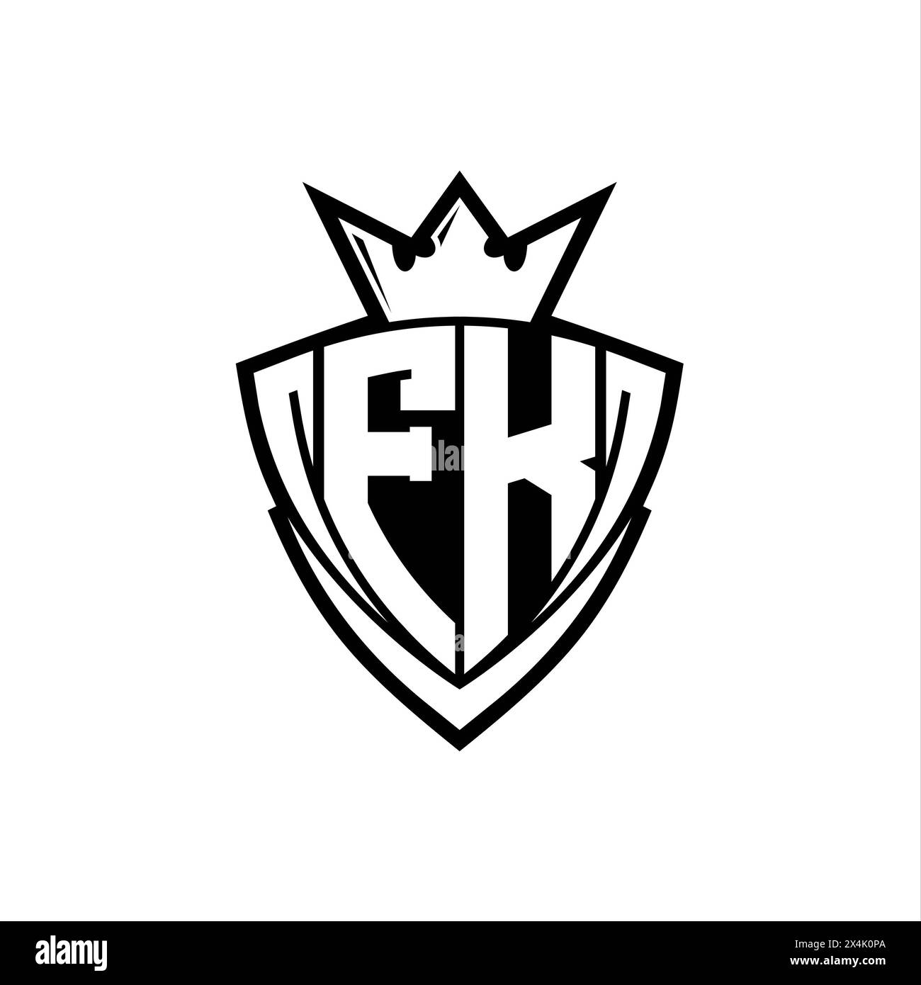 Logo FK Bold Letter con scudo triangolare affilato e corona interna bianca su modello di sfondo bianco Foto Stock