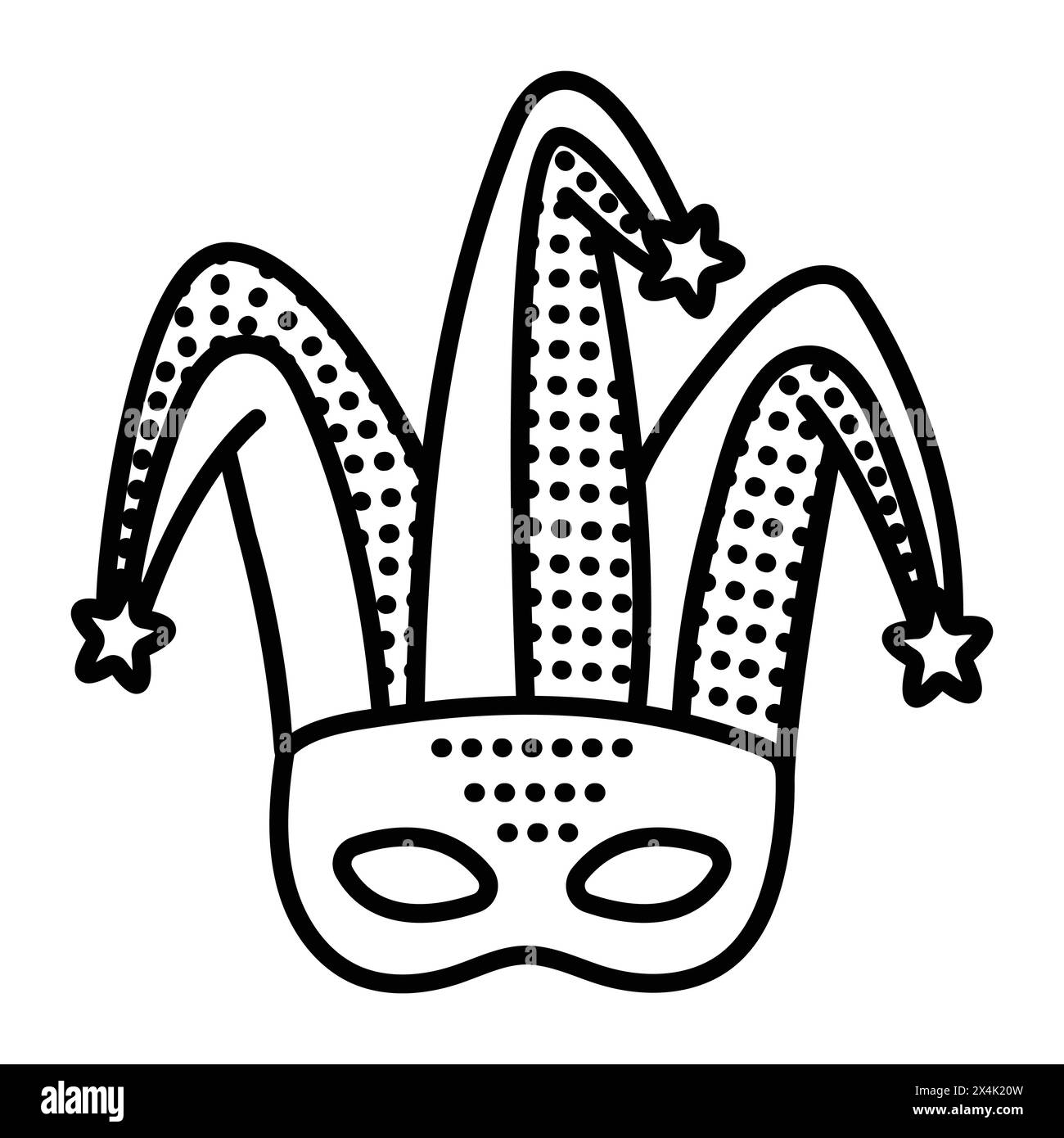 Maschera Jester mascherata con cappello, parte in costume di arlecchino, icona con linea nera vettoriale singola Illustrazione Vettoriale