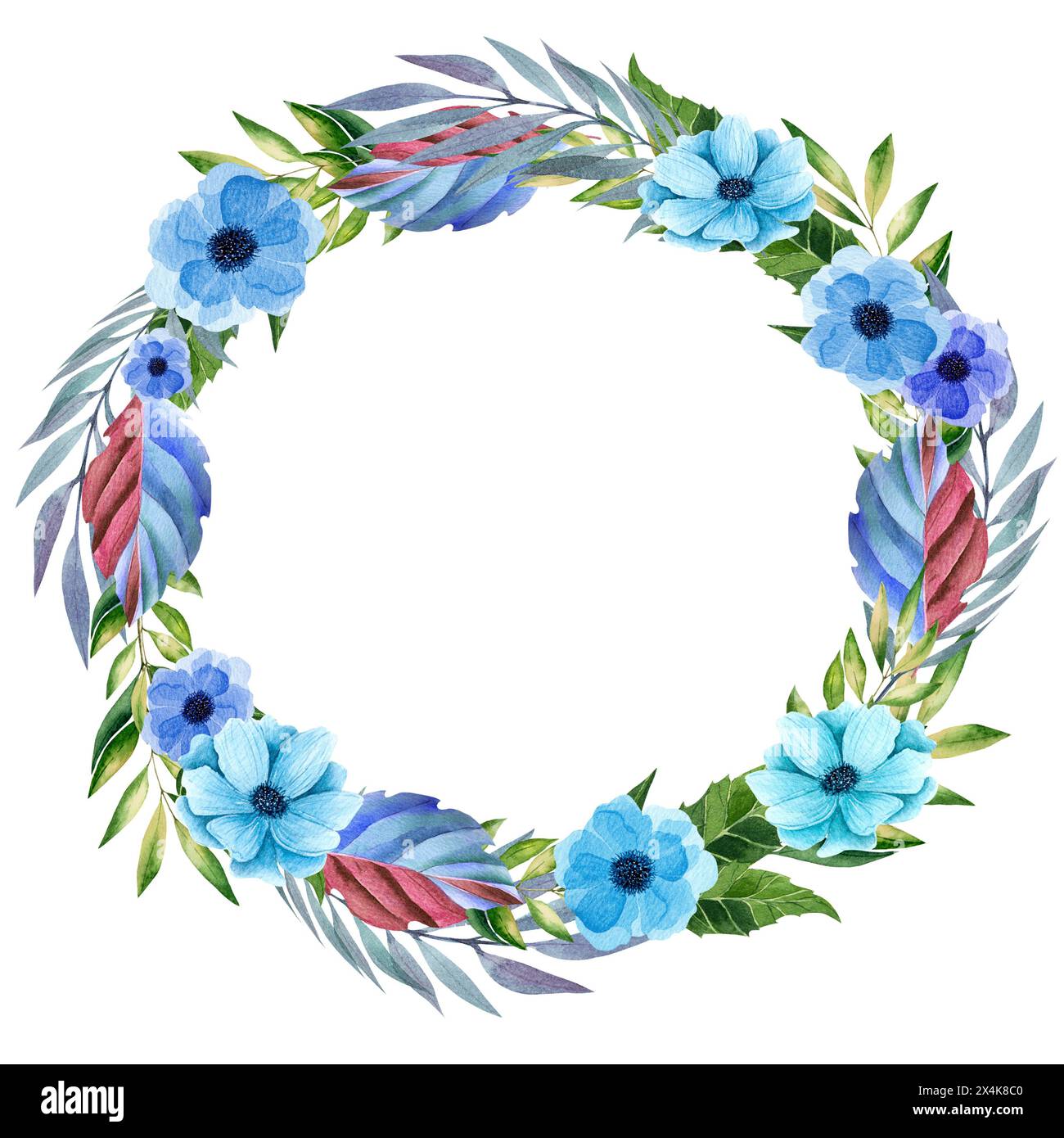 Fiori tropicali, ghirlanda, foglie, cornice rotonda, illustrazione acquerello, decorazione, festa della mamma, festa, vibrazioni estive Foto Stock