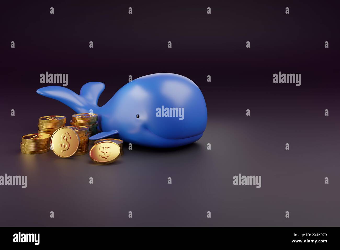 Balena cartoni animati con monete da un dollaro e spazio per le copie. illustrazione 3d. Foto Stock