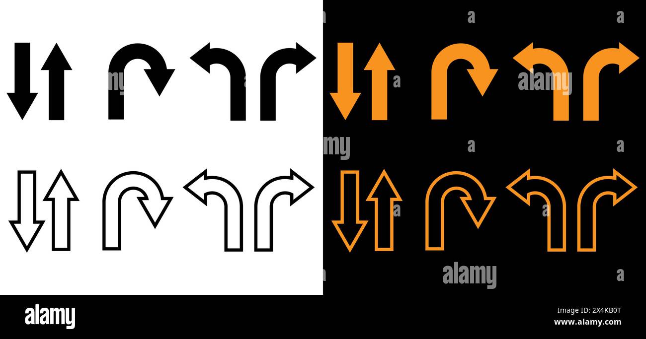 Icona freccia di direzione sinistra e destra, solo una direzione, simbolo di svolta a U. Illustrazione Vettoriale