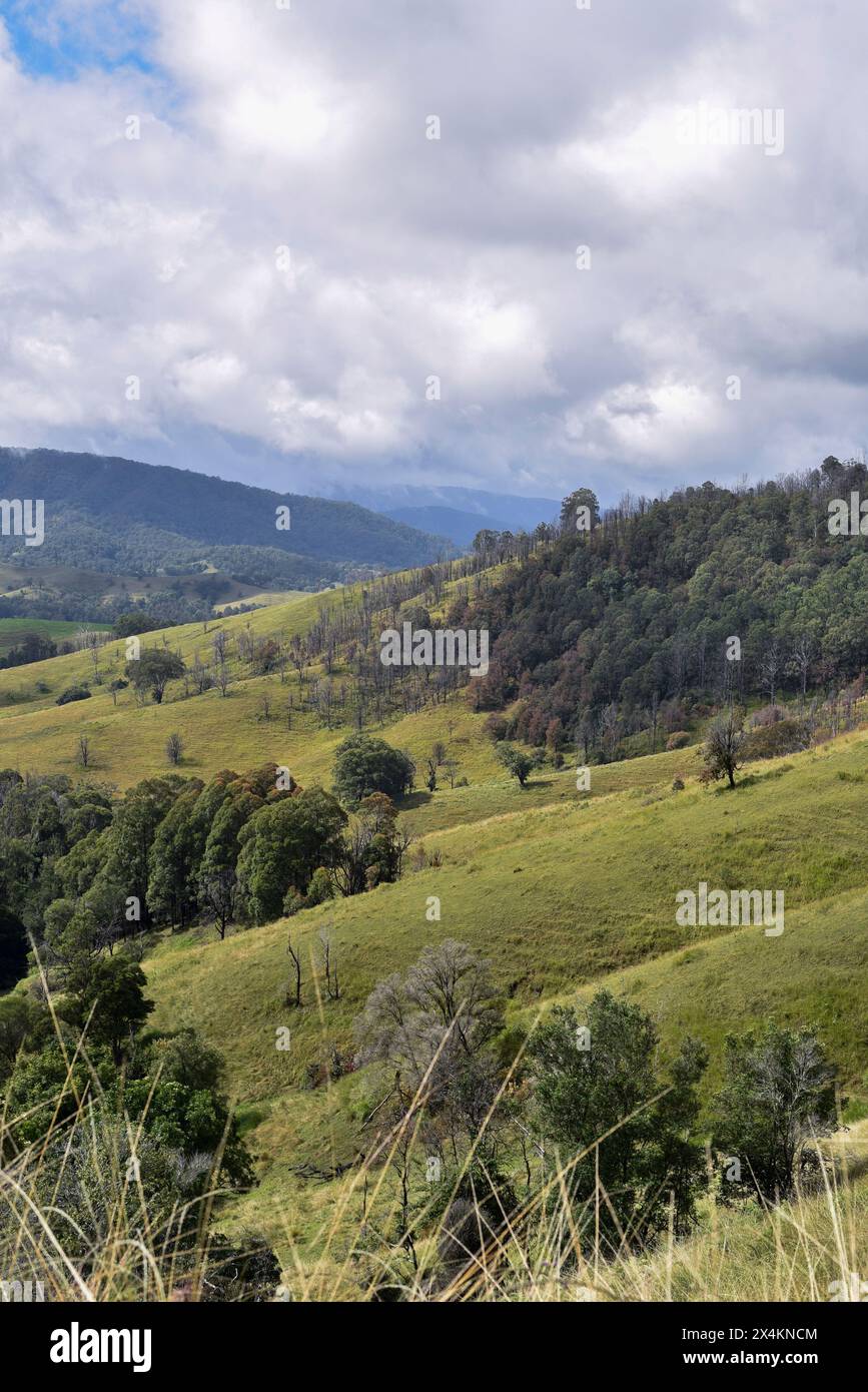 si affaccia su una valle verde verso montagne lontane Foto Stock