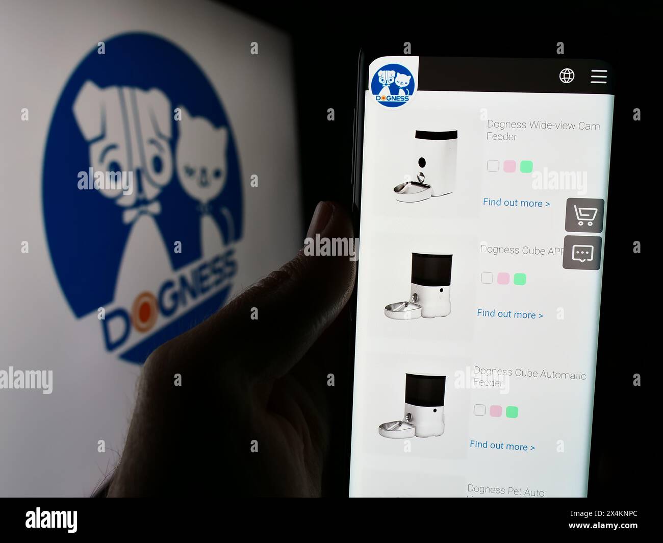 Persona che detiene un cellulare con pagina web della società cinese Dogness International Corporation davanti al logo. Messa a fuoco al centro del display del telefono. Foto Stock