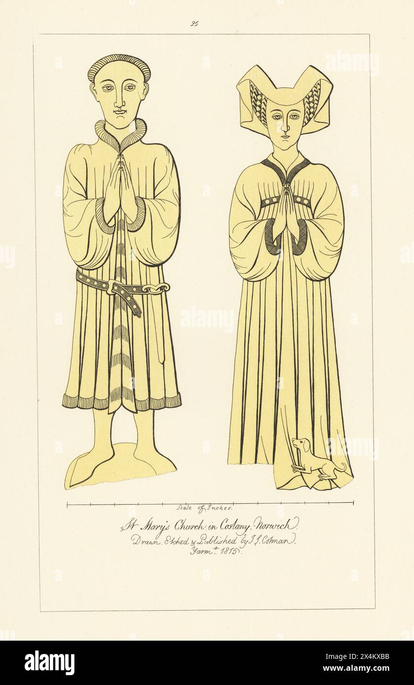 Cittadino di Norwich e sua moglie, intorno al 1460. La donna con un copricapo mitre. Memorial Brass nella St. Mary's Church, Coslany, Norwich. Incisione a mano in rame disegnata, incisa e pubblicata da John Sell Cotman in Engravings of the Most Remarkable of the Sepulchral Brasses in Suffolk, Henry Bohn, Londra, 1818. Foto Stock