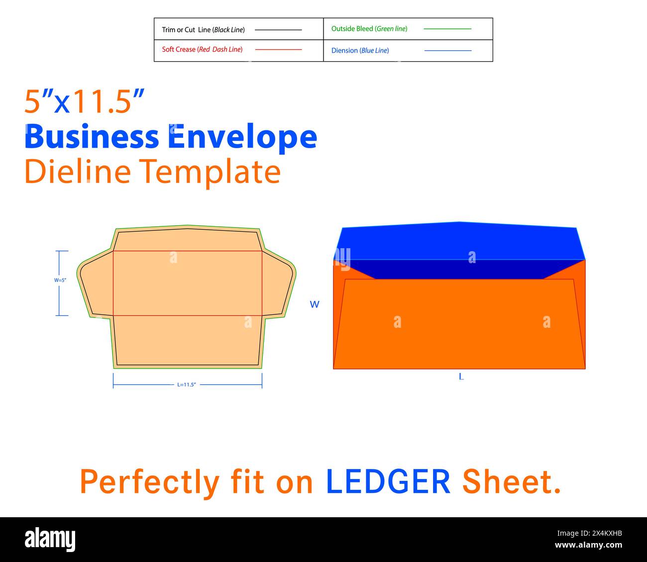 Business Envelope W 5, L 11,5 pollici Die Line. Nel complesso, una busta aziendale funge da mezzo professionale e funzionale per l'invio di documenti ufficiali Illustrazione Vettoriale