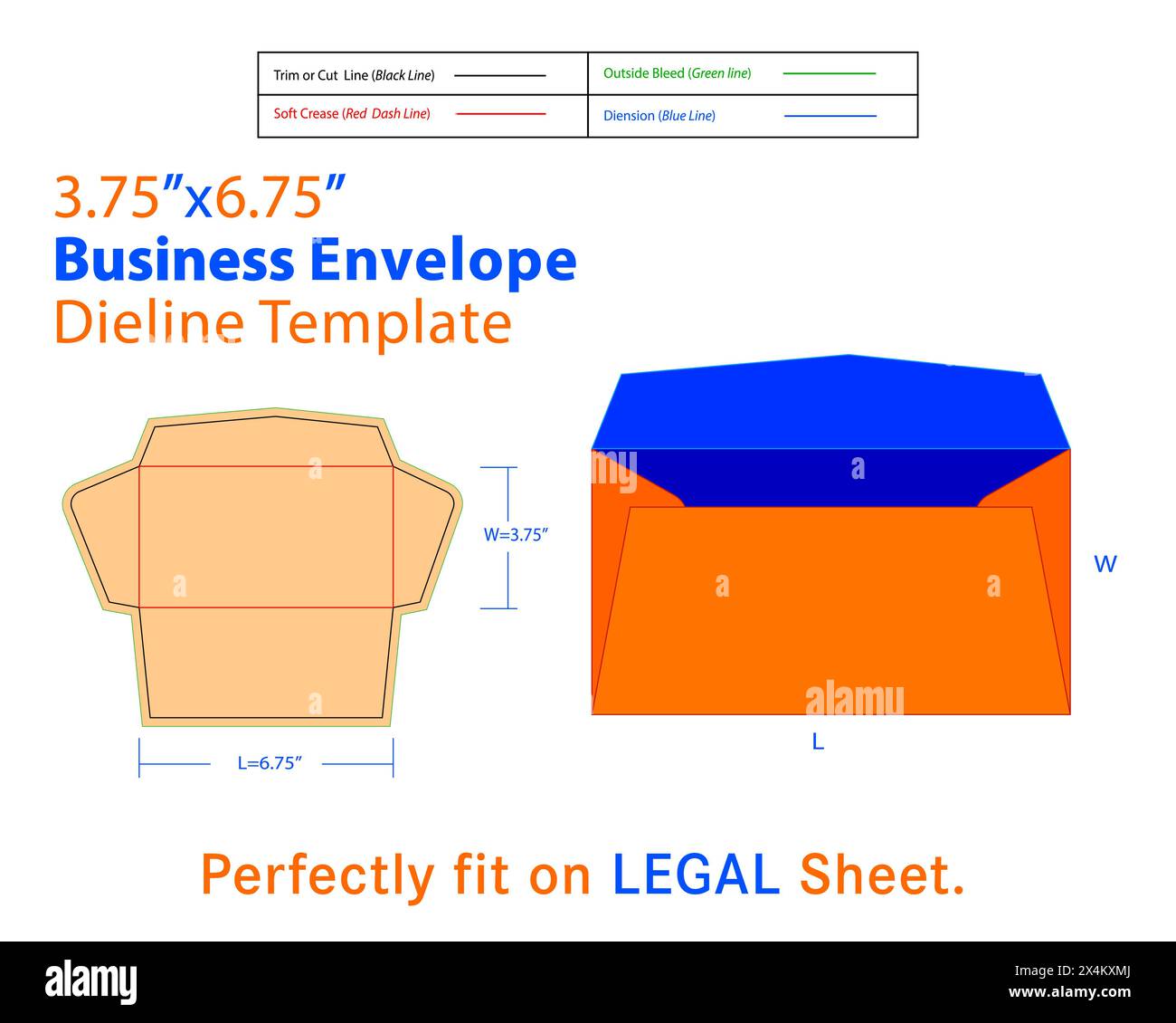 Business Envelope W=3,75, L=6,75 pollici Die Line Template con design 3D. Nel complesso, una dotazione aziendale rappresenta un mezzo professionale e funzionale di Illustrazione Vettoriale