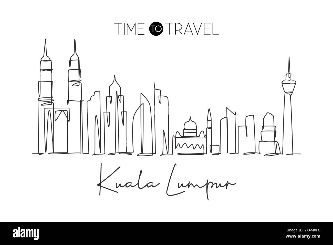 Disegno a linea singola continua dello skyline della città di Kuala Lumpur, Malesia. Famoso paesaggio cittadino. Design da viaggio in tutto il mondo, arredamento da parete, stampa di poster artistici. M Illustrazione Vettoriale