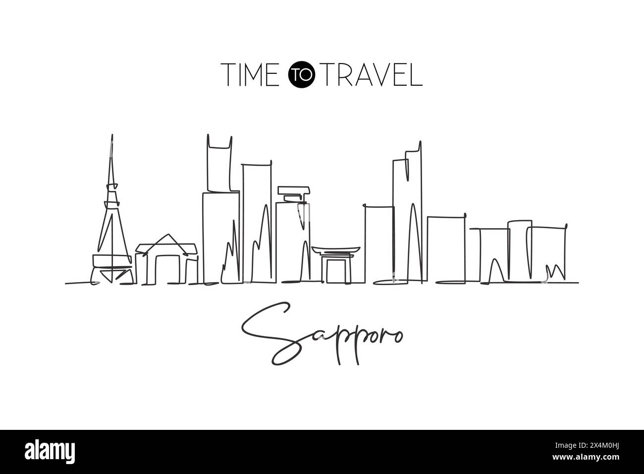 Un disegno continuo dello skyline della città di Sapporo, Giappone. Splendido punto di riferimento. Poster del turismo paesaggistico mondiale e delle vacanze di viaggio. Eleganti e modificabili Illustrazione Vettoriale