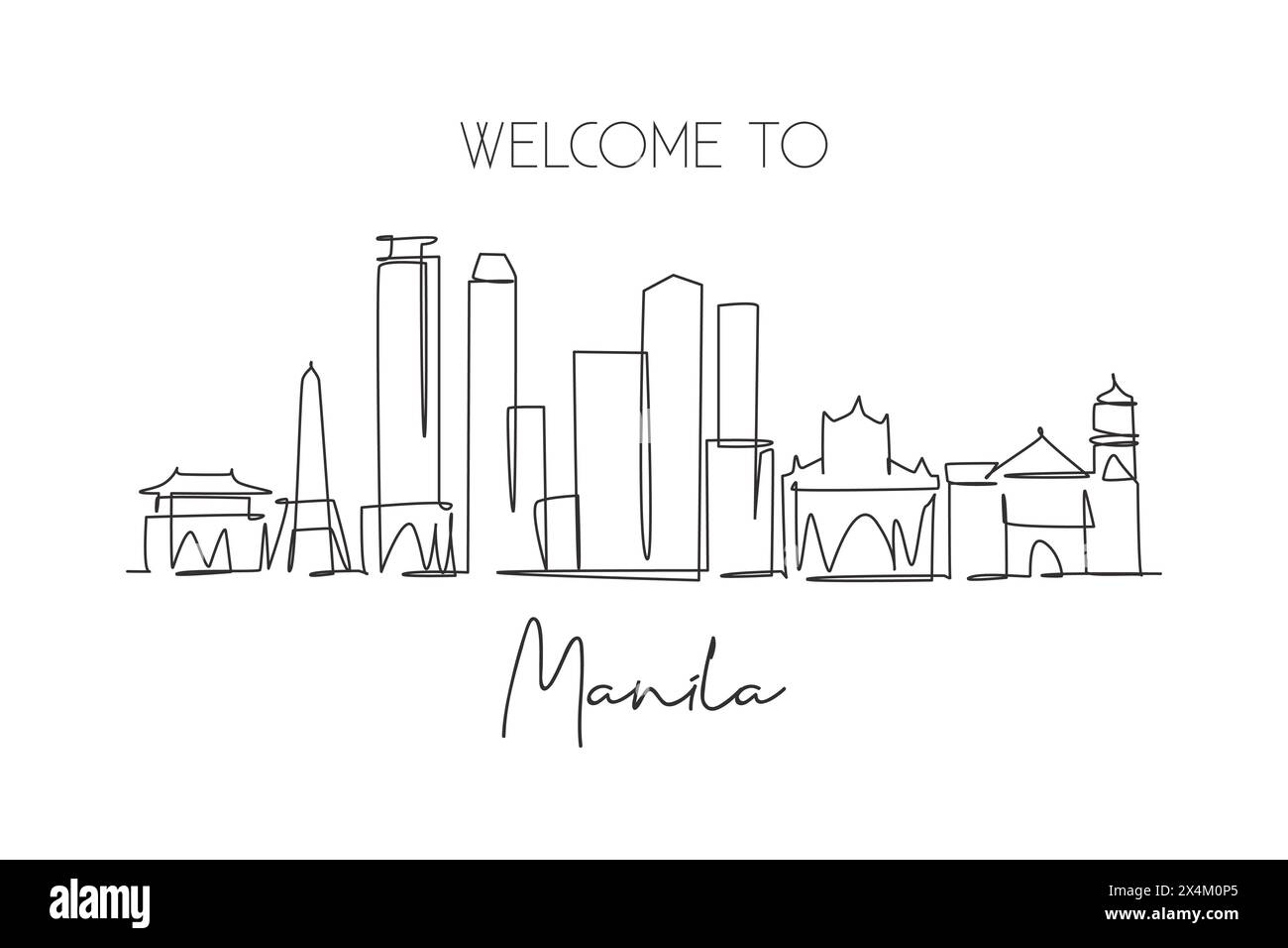 Un disegno a linea singola dello skyline di Manila, Filippine. Il paesaggio storico della città nel mondo. La migliore destinazione per le vacanze. Tratto modificabile alla moda Illustrazione Vettoriale