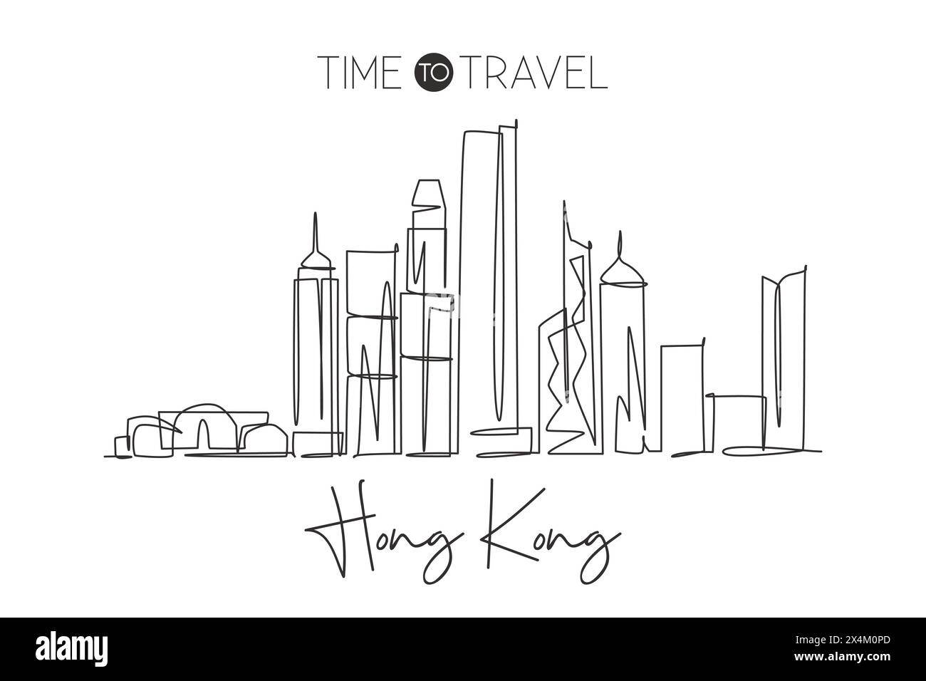 Una linea continua che disegna lo skyline di Hong Kong, Cina. Splendida stampa poster decorata a parete. Turismo paesaggistico mondiale vacanze di viaggio. Ry Illustrazione Vettoriale