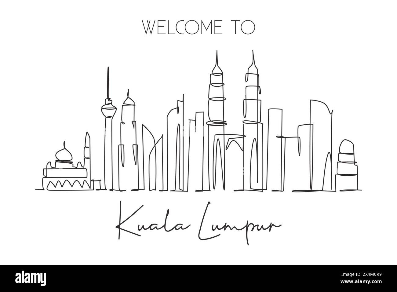 Un disegno a linea singola dello skyline di Kuala Lumpur, Malesia. Il paesaggio storico della città nel mondo. La migliore destinazione per le vacanze. Tratto modificabile tren Illustrazione Vettoriale