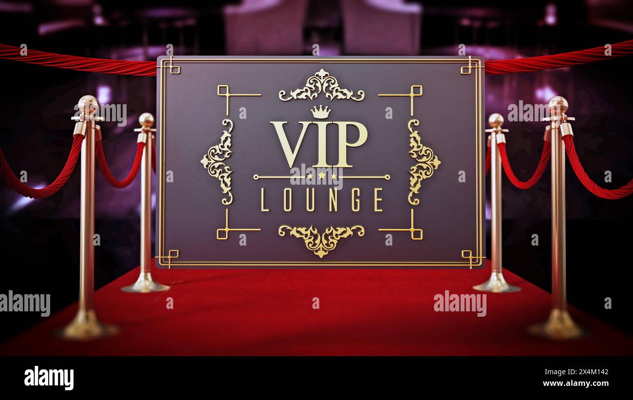 Cartello VIP lounge con tappeto rosso e corde di velluto. 3D illustrazione. Foto Stock