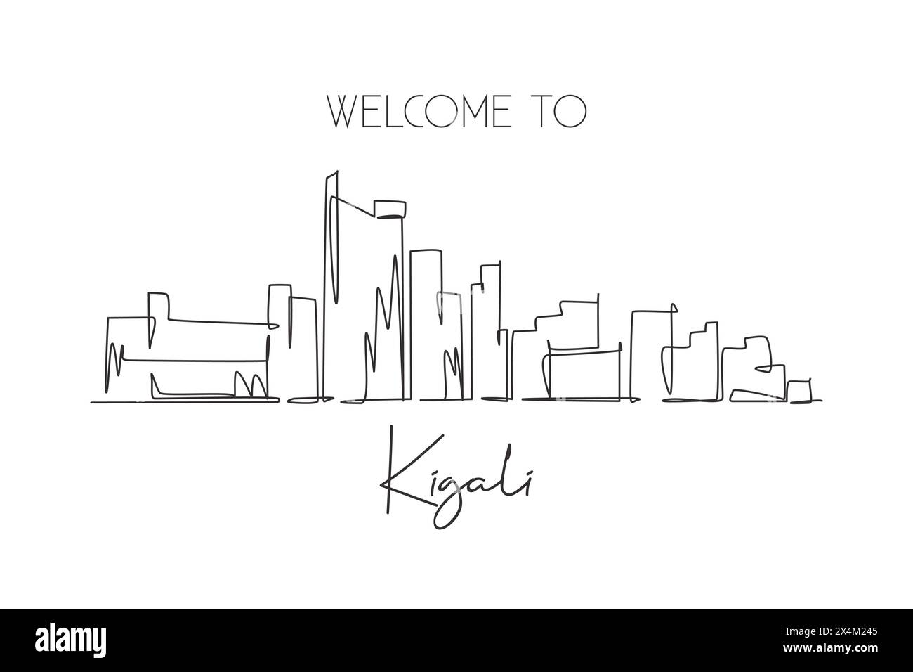 Una linea singola che disegna lo skyline di Kigali, Ruanda. Luogo storico paesaggio nell'arte da cartolina del mondo. La migliore destinazione per le vacanze. Trend tratto modificabile Illustrazione Vettoriale
