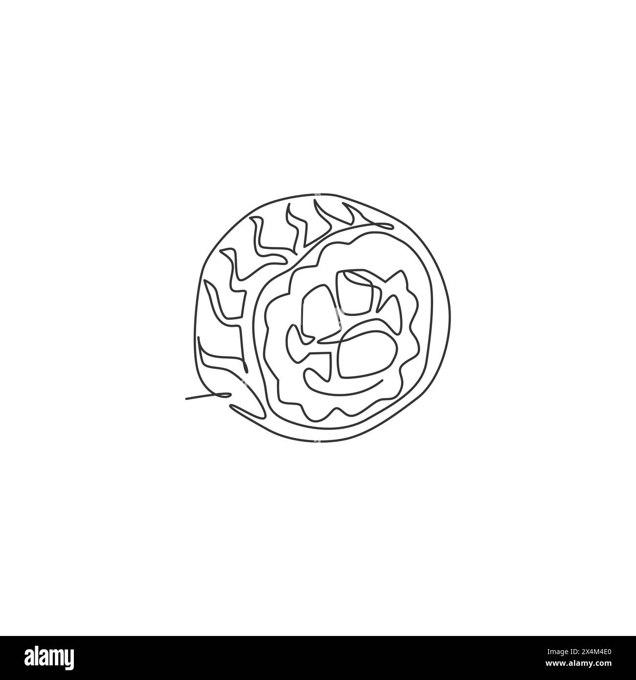 Un disegno continuo di delizioso sushi maki giapponese, simbolo del logo del ristorante. Concetto di modello del logotipo del negozio Japan Seafood Cafe. Modalità Illustrazione Vettoriale