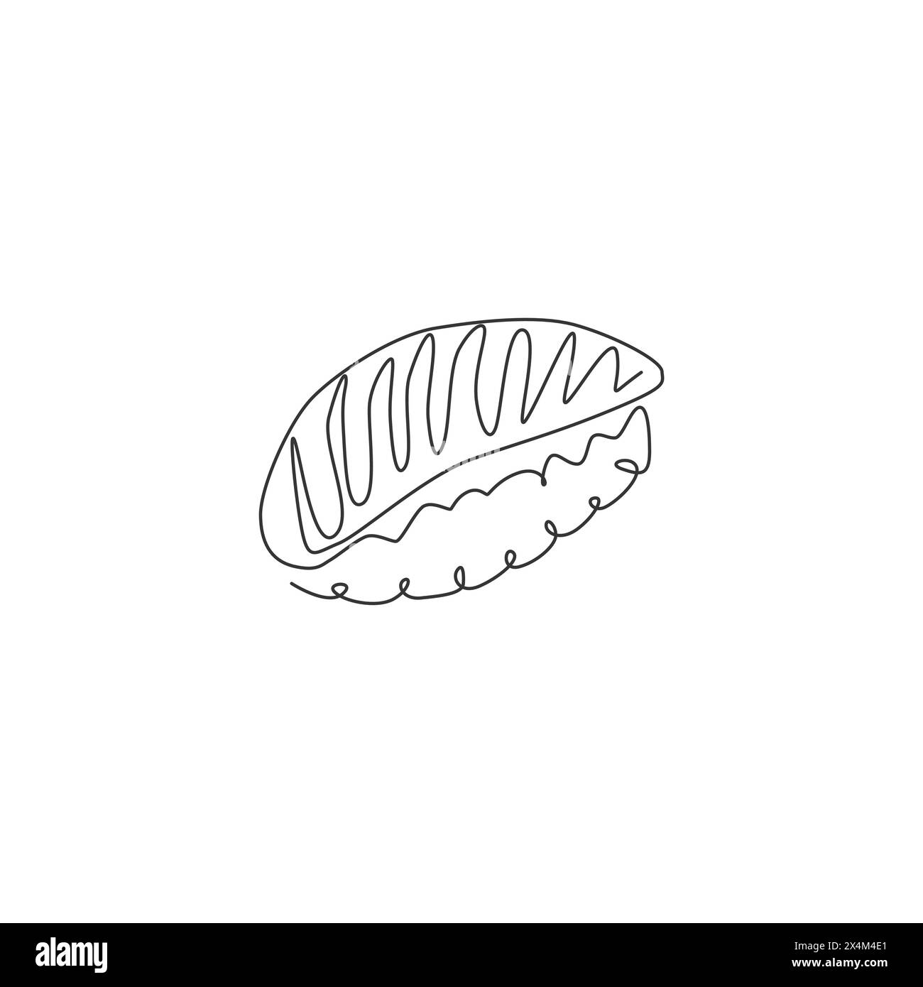 Disegno a linea continua dell'etichetta con il logo del sushi bar stilizzato. Ristorante Emlem con nigiri freschi di pesce. Design moderno a una linea per disegnare Illustrazione Vettoriale