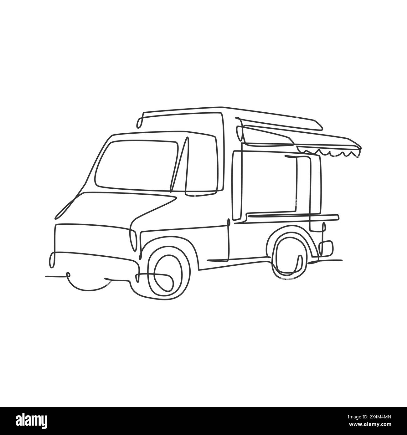 Una linea continua che disegna allegri food truck per il logo del festival. Concetto di modello di logotipo del negozio di furgone fast food mobile. Peccato moderno Illustrazione Vettoriale