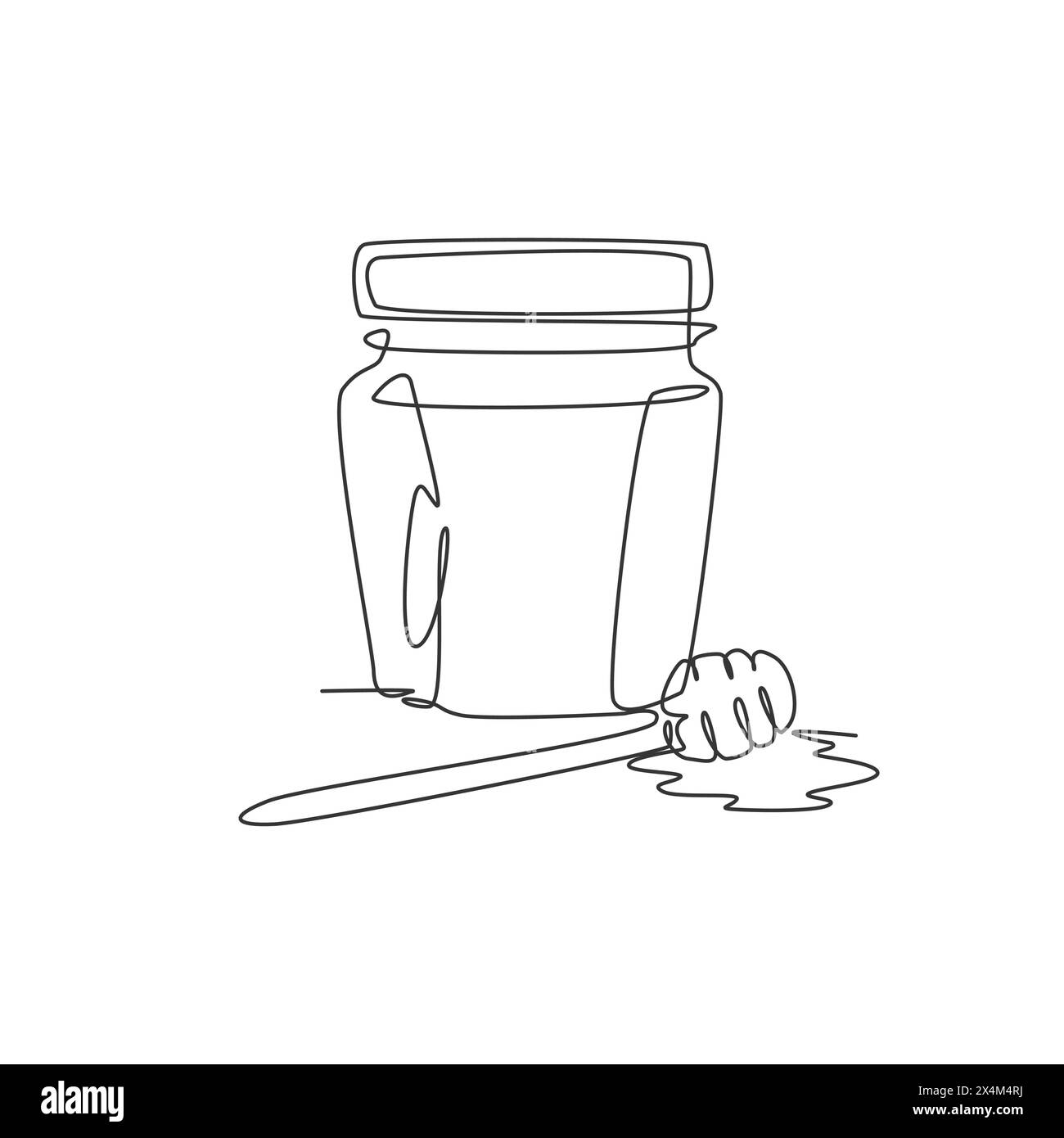 Disegno a linea singola continua di miele dolce stilizzato su vaso di vetro con icona del cucchiaio in legno. Concetto di integratore organico sano. Moderno disegno a una linea Illustrazione Vettoriale