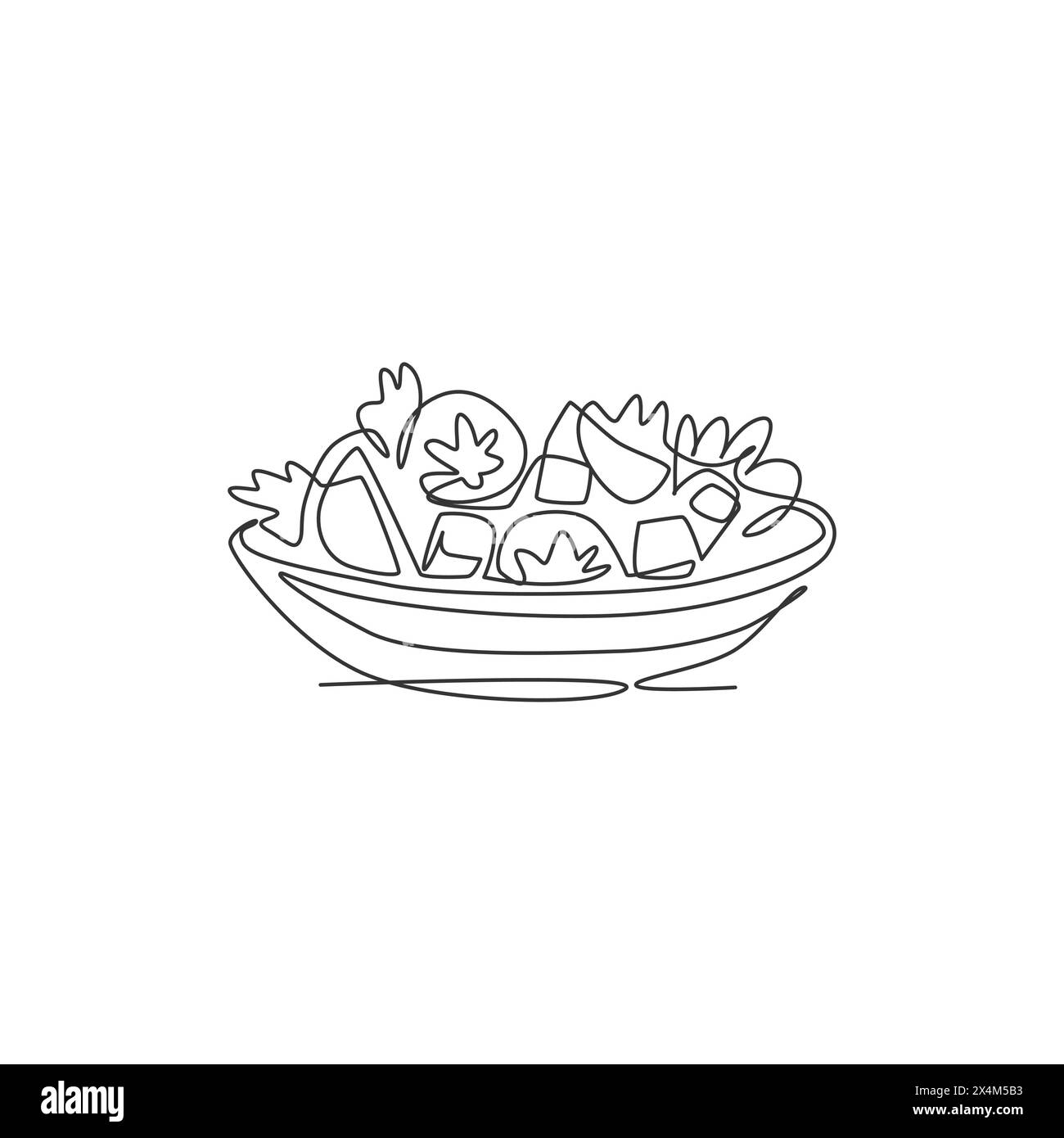 Disegno su una sola riga di insalata di verdure fresche e sane, illustrazione grafica vettoriale. Menu da caffetteria con piatti biologici e concetto distintivo del ristorante. Moder Illustrazione Vettoriale