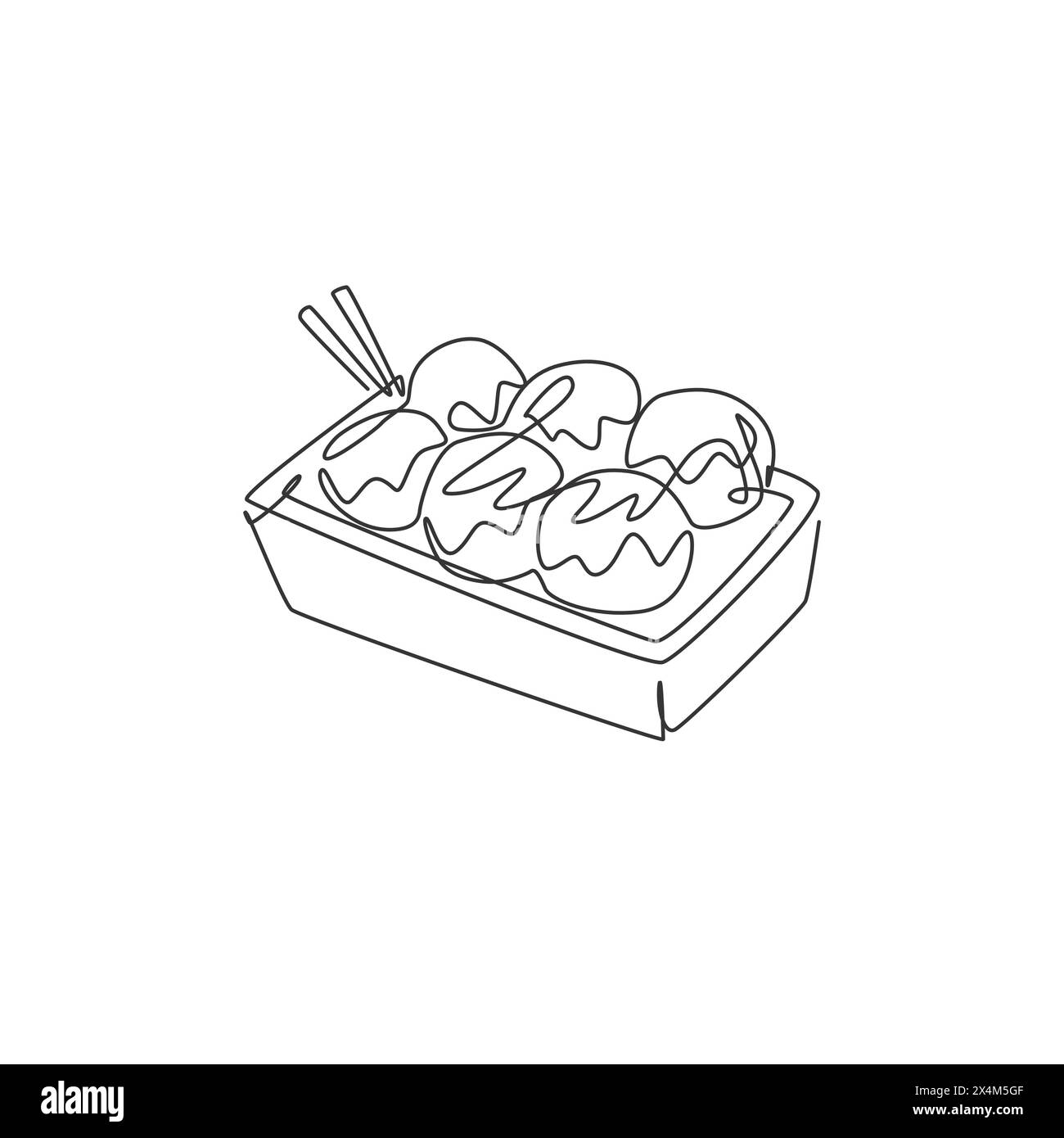 Un disegno a linea singola del logo della palla takoyaki giapponese fresca. Menu di pesce da caffetteria e concetto distintivo del ristorante. conti moderni Illustrazione Vettoriale