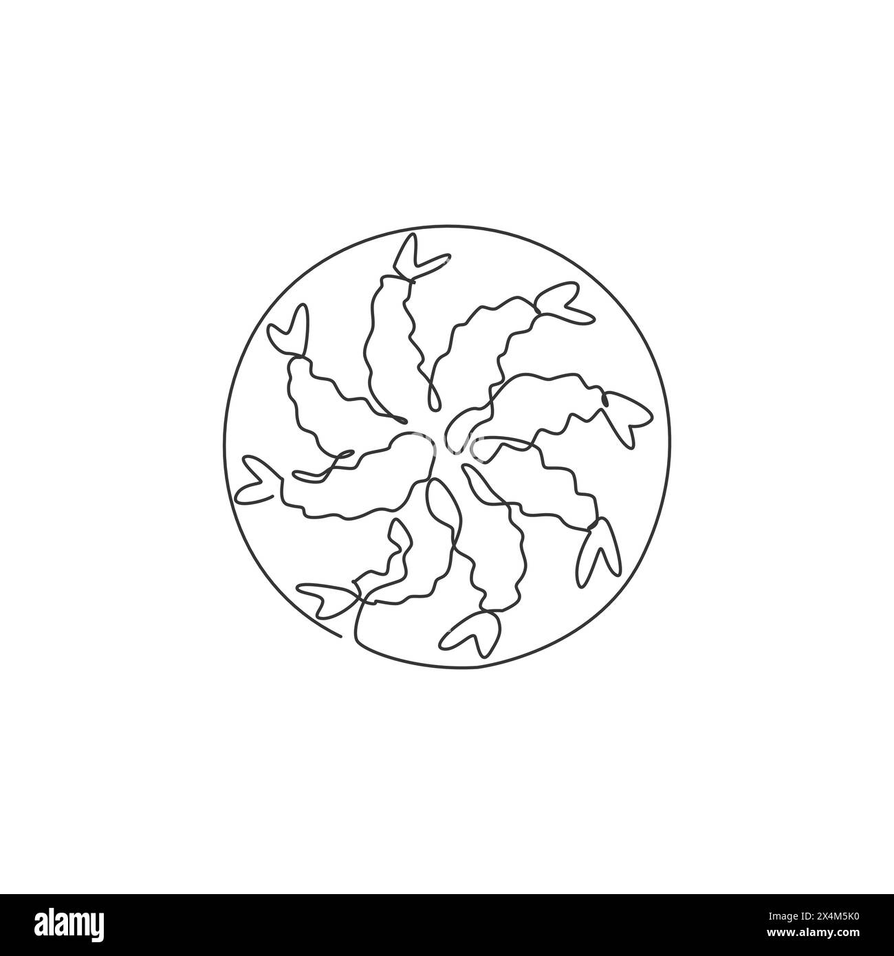 Una linea singola disegna un'illustrazione grafica vettoriale con logo tempura di gamberi giapponesi freschi e croccanti. Menu di pesce da caffetteria e concetto distintivo del ristorante. Moderno Illustrazione Vettoriale