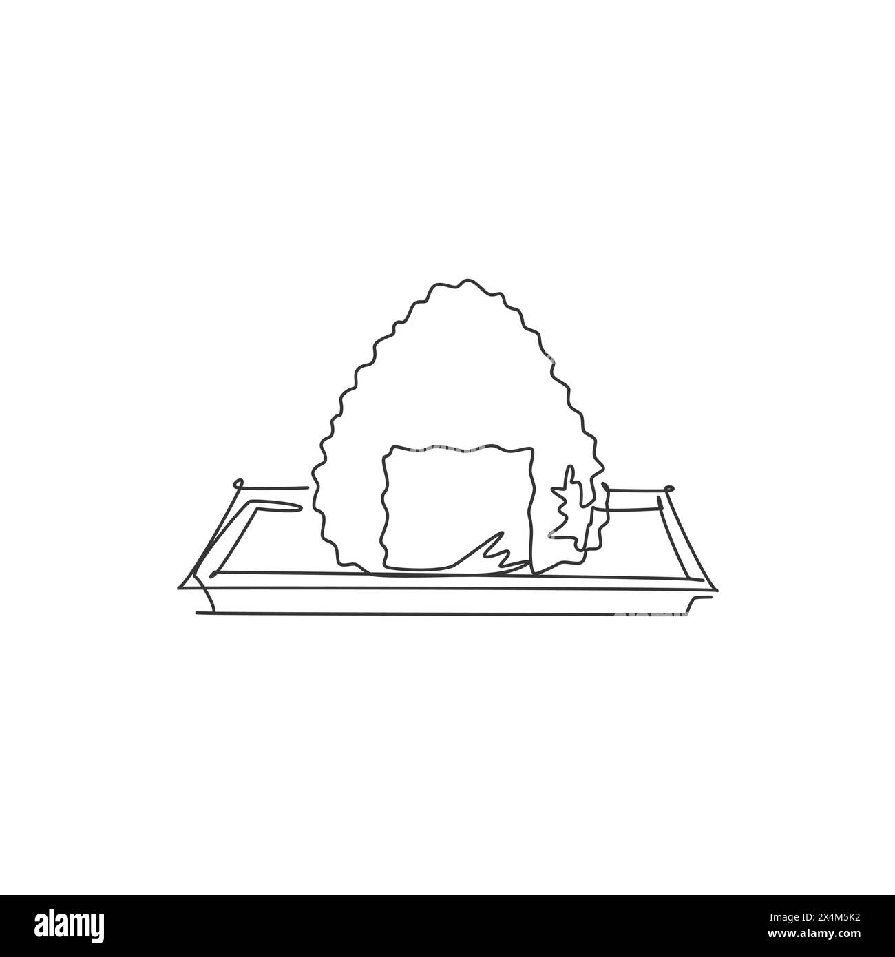 Un disegno su una sola riga di un'illustrazione grafica vettoriale del logo del riso Onigiri giapponese fresco. Menu sushi bar di pesce e concetto distintivo del ristorante. Moderno c Illustrazione Vettoriale