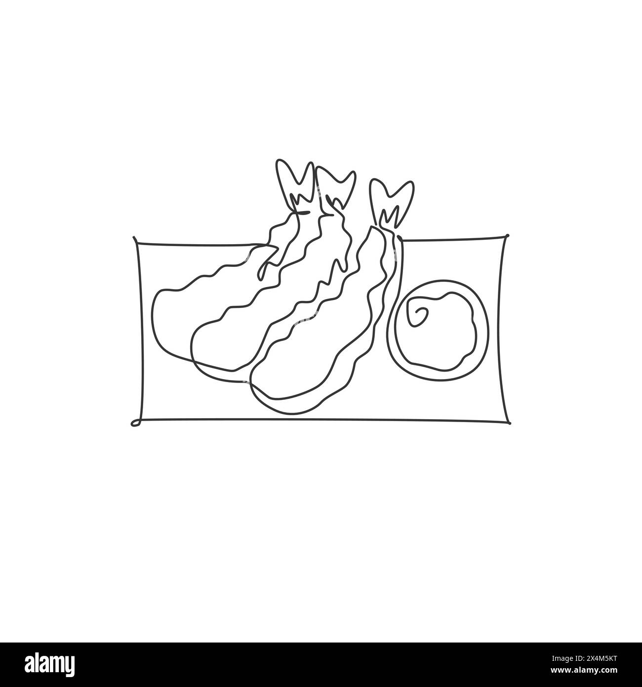 Un disegno continuo con il logo del ristorante tempura di gamberi giapponesi freschi e deliziosi. Concetto di modello del logotipo del negozio Seafood Cafe. Peccato moderno Illustrazione Vettoriale