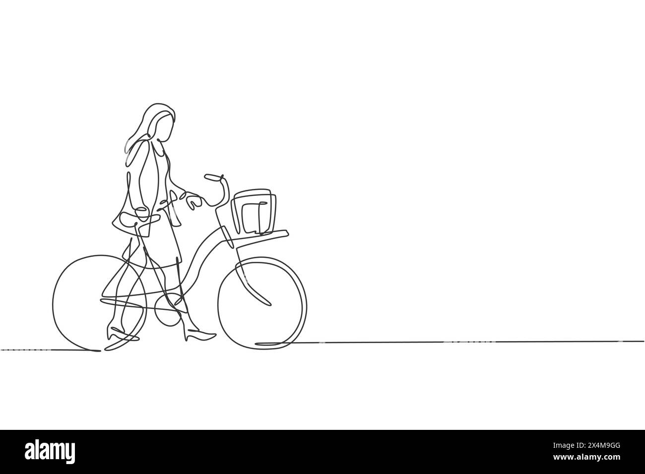 Una linea singola che disegna una giovane donna felice che lavora per la startup, va in bicicletta fino all'illustrazione grafica vettoriale dello spazio di coworking. Vita sana dei lavoratori urbani Illustrazione Vettoriale