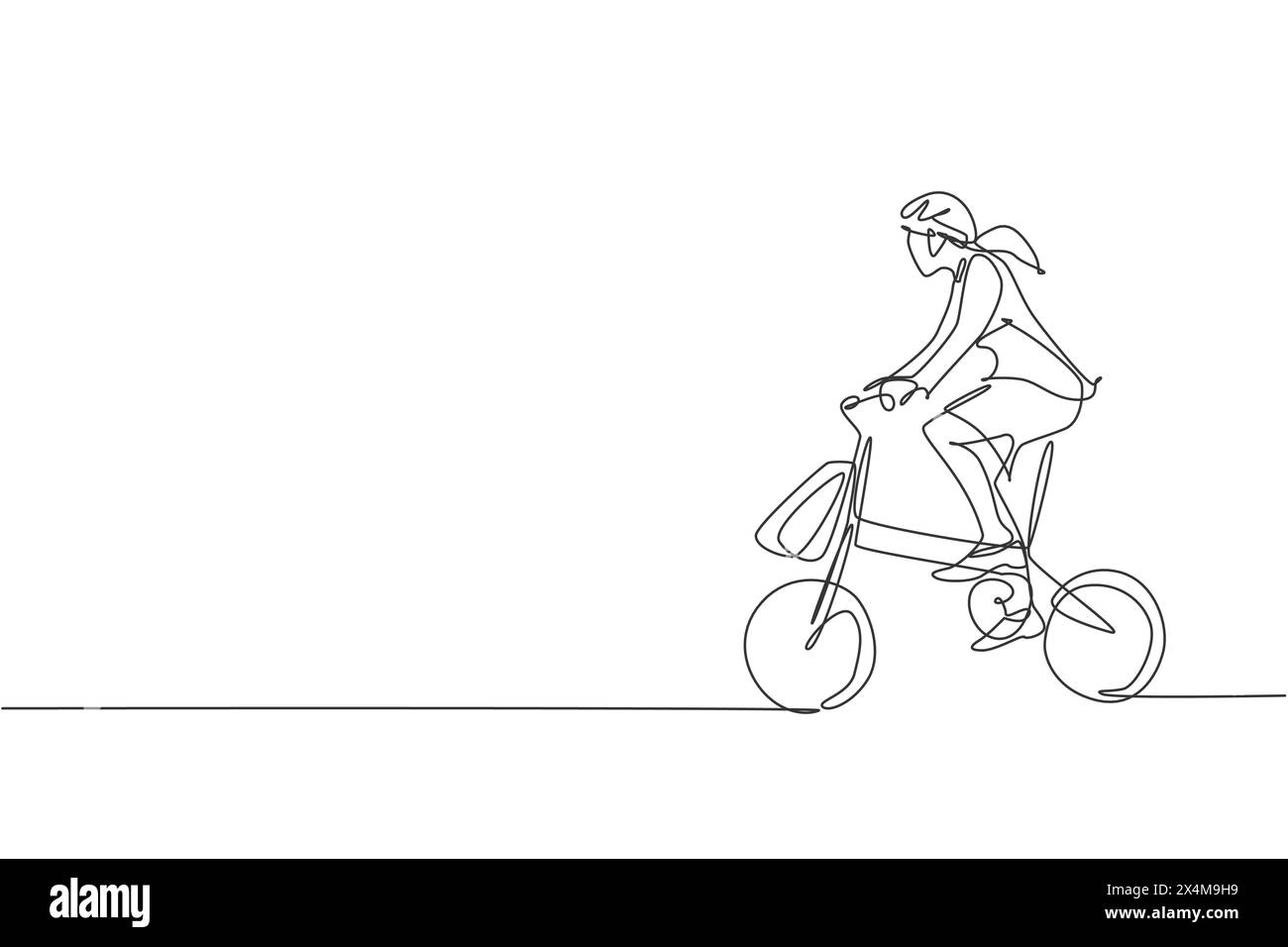 Un disegno continuo di una giovane manager professionista che va in bicicletta ha piegato la bicicletta nel suo ufficio. Concetto di stile di vita urbano e di lavoro sano. Diam Illustrazione Vettoriale