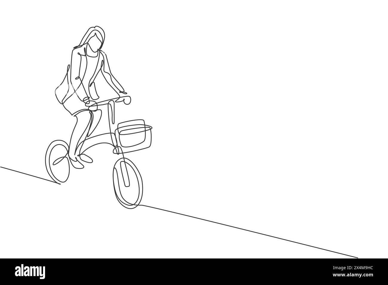 Un disegno continuo di una giovane manager professionista che va in bicicletta ha piegato la bicicletta nel suo ufficio. Concetto di stile di vita urbano e di lavoro sano. Diam Illustrazione Vettoriale