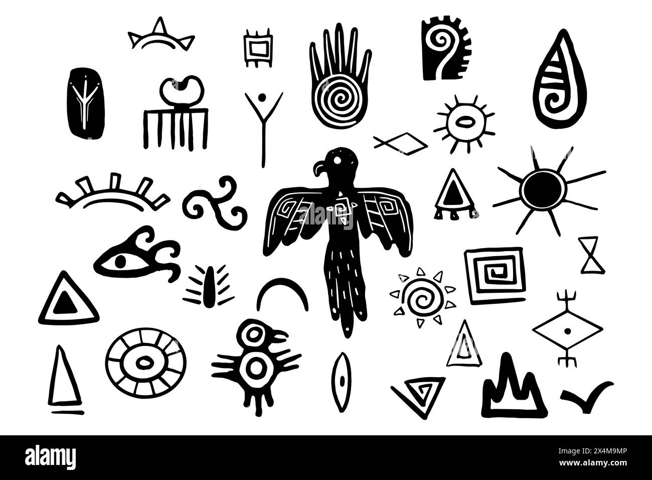 Tibal elementi primitivi tradizionali aztechi stile doodle, stampa indigena messicana, collezione di simboli tormici isolati su sfondo bianco. Illustrazione vettoriale Illustrazione Vettoriale