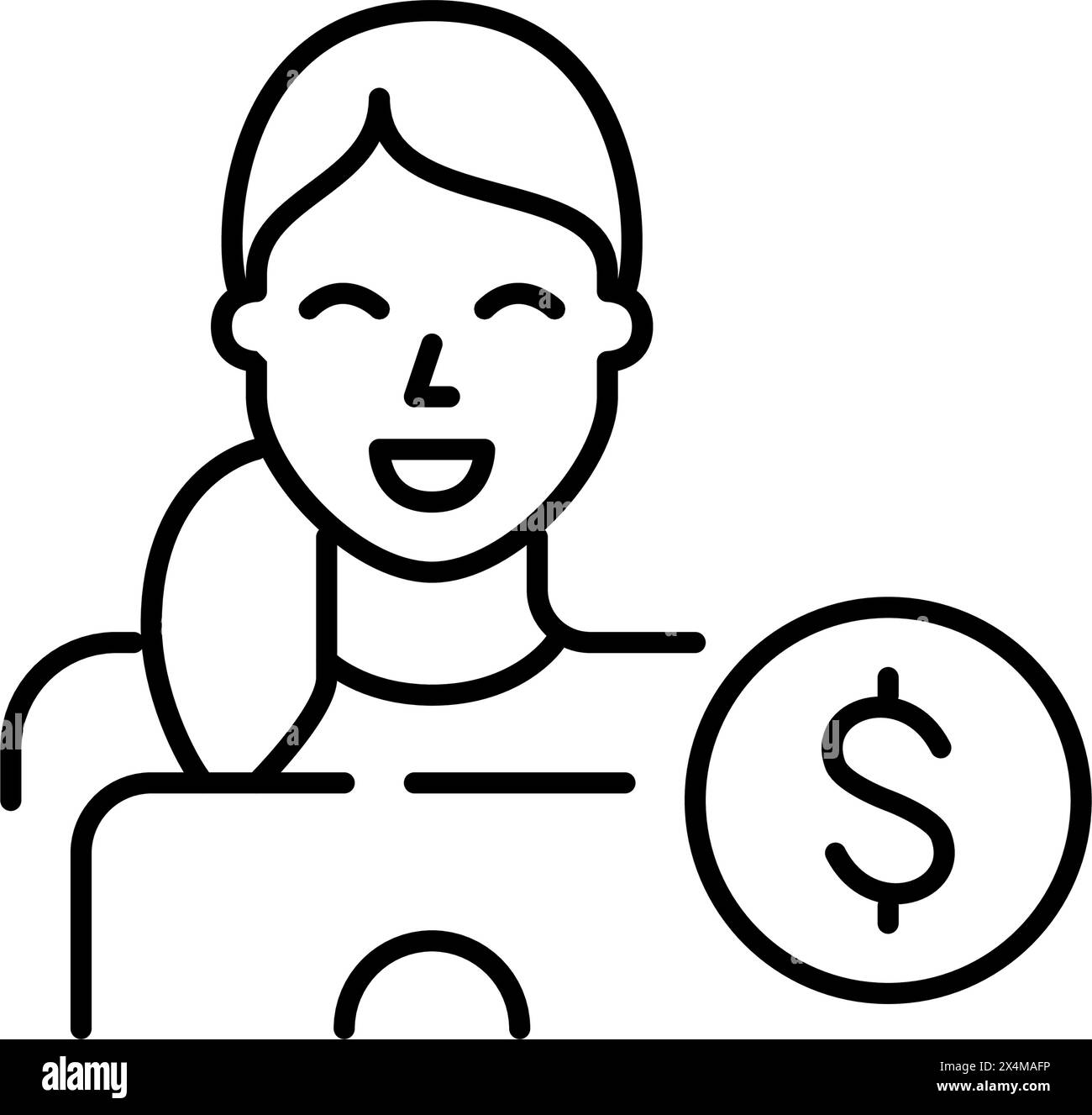 Donna al portatile con il simbolo del dollaro. Gestione degli investimenti e del patrimonio. Icona del vettore pixel Perfect Illustrazione Vettoriale