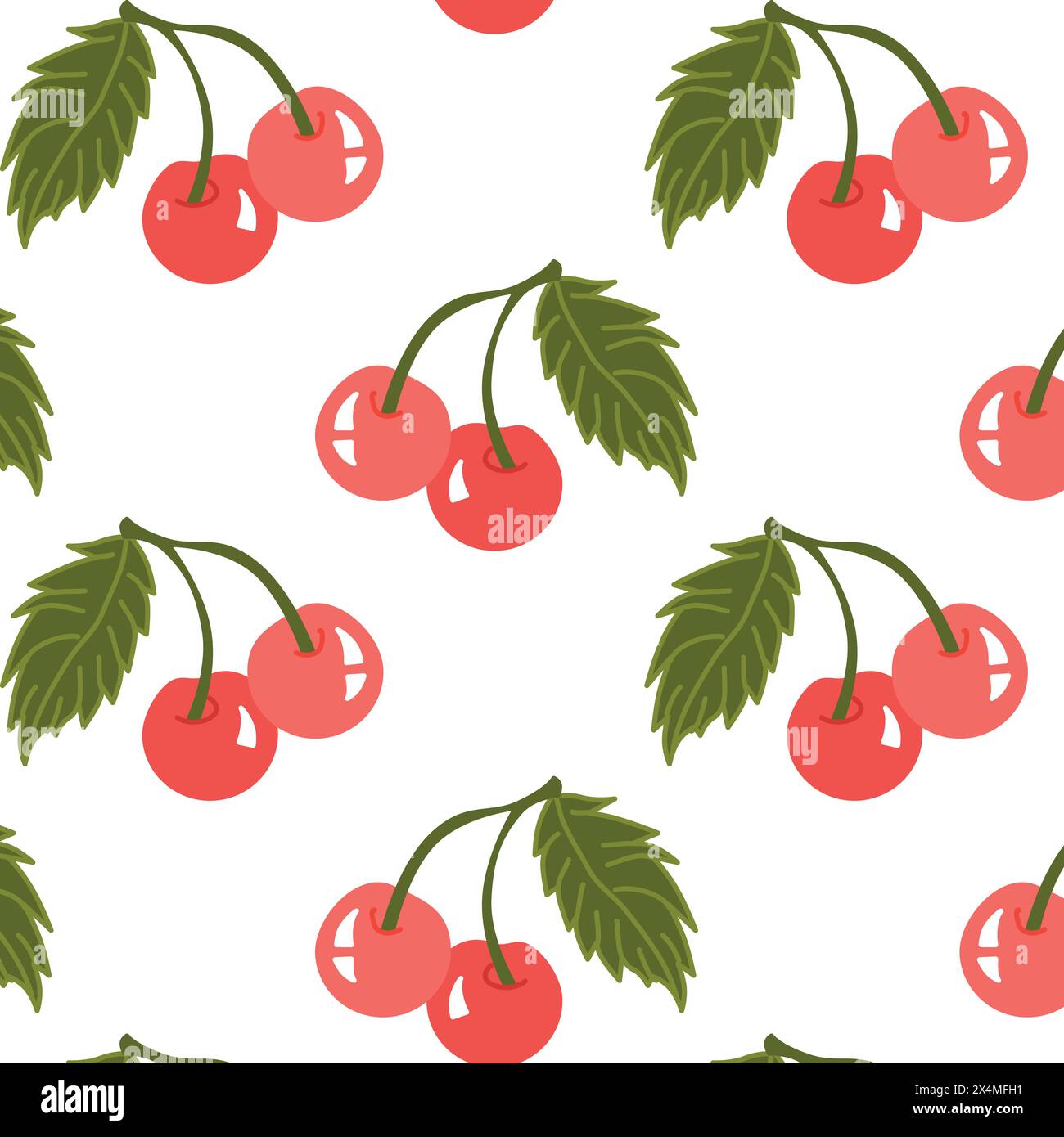 Ciliegie rosse con motivo vettoriale estivo senza cuciture design grafico vettoriale. Frutti rossi di ciliegia freschi. Ideale per tessuti, tessuti, articoli da regalo, Illustrazione Vettoriale