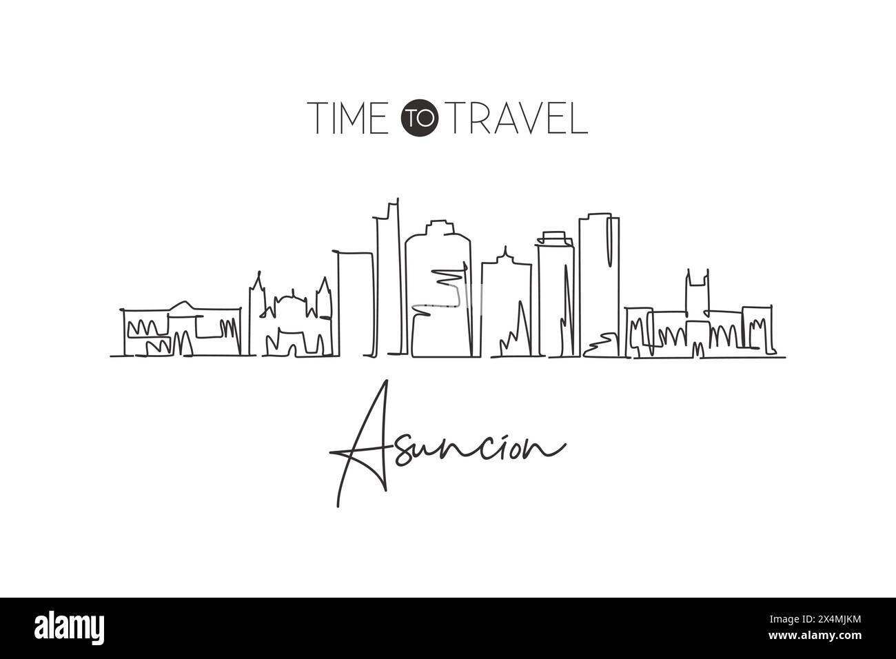 Disegno a linea singola continua dello skyline di Asuncion, Paraguay. Famoso raschietto e paesaggio cittadino. Concetto di destinazione di viaggio mondiale. Strok modificabile Illustrazione Vettoriale