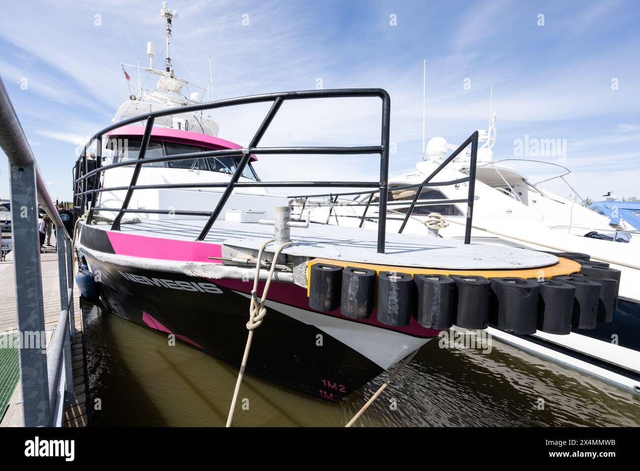 USO EDITORIALE SOLO il lancio ufficiale di "Nemesis", una nave di pattuglia per la conservazione marina di proprietà della Green Britain Foundation e gestita da Neptune's Pirates UK (nota anche come Captain Paul Watson Foundation UK), a St Olaves Marina, Norfolk. Data: Sabato 4 maggio 2024. Foto Stock