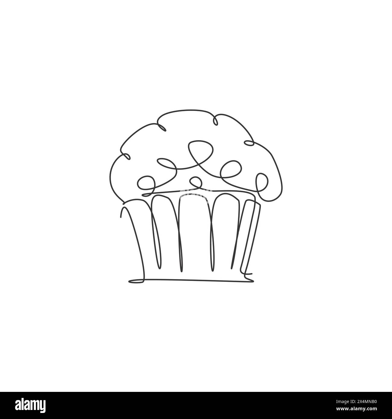 Disegno a linea singola continua dell'etichetta stilizzata del logo del negozio online della torta al muffin. Concetto di pasticceria emblema. Design vettoriale moderno a una linea Illustrazione Vettoriale
