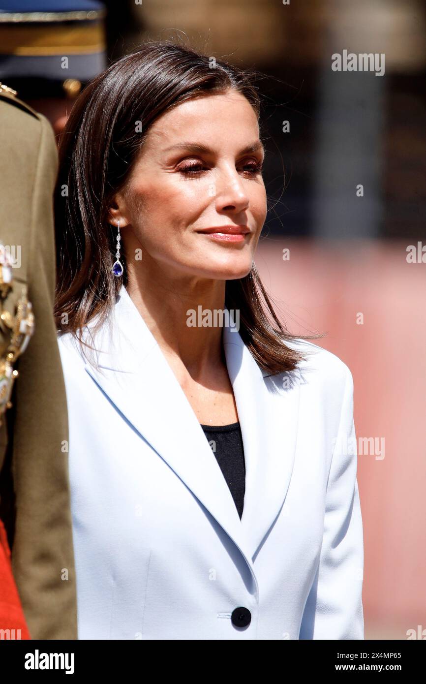 Saragozza, Madrid, Spagna. 4 maggio 2024. La regina Letizia di Spagna partecipa alla commemorazione del 40° anniversario del giuramento della XLIV classe di laurea presso l'Accademia militare generale il 4 maggio 2024 a Saragozza, Spagna (Credit Image: © Jack Abuin/ZUMA Press Wire) SOLO PER USO EDITORIALE! Non per USO commerciale! Foto Stock