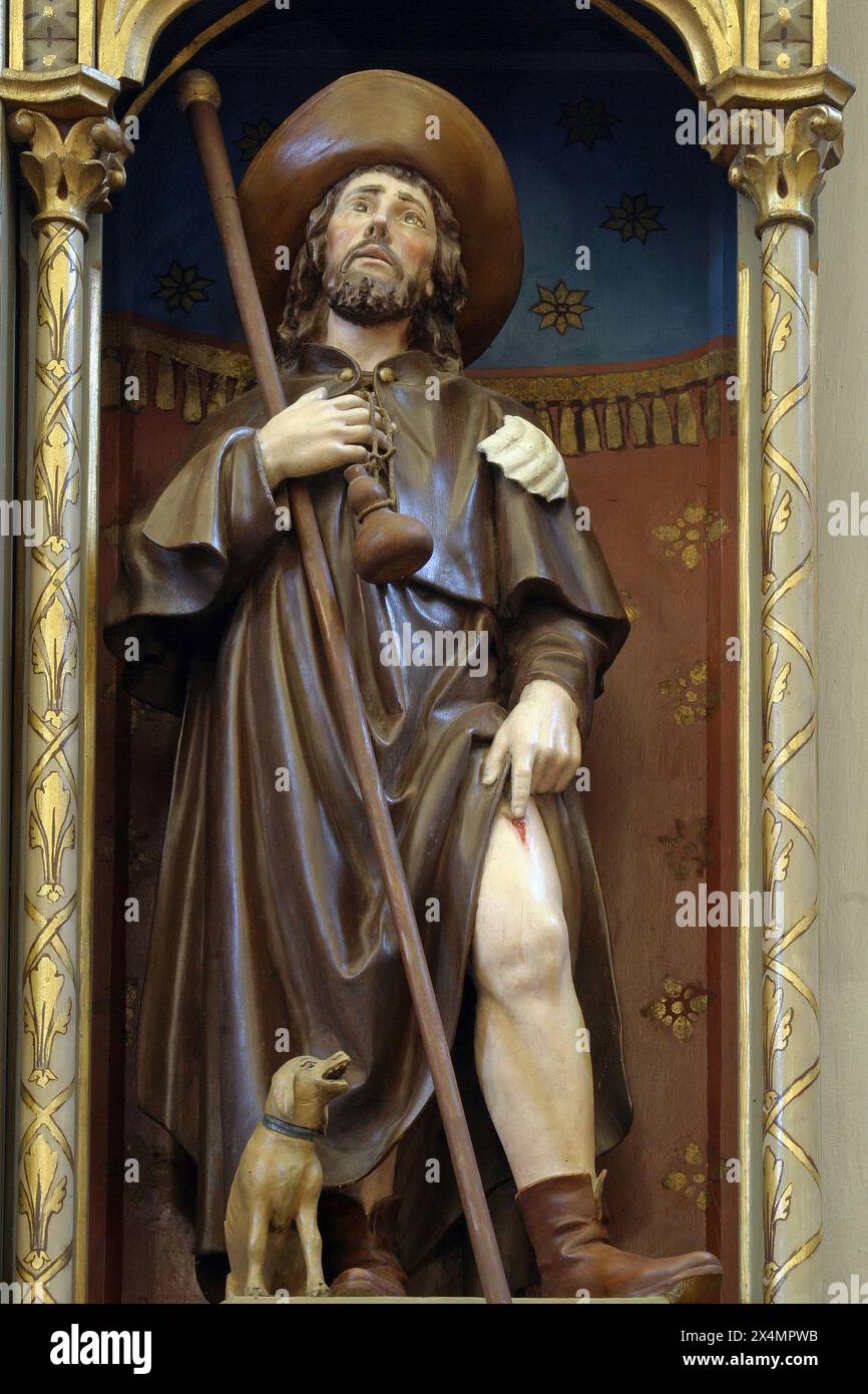San Rocco, statua sull'altare di San Valentino nella chiesa parrocchiale di San Giovanni di Nepomuk a Stupnik, Croazia Foto Stock