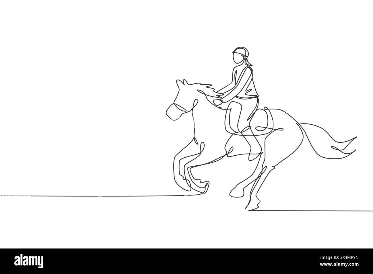 Disegnare una sola linea continua di giovani cavalieri professionisti che corrono con un cavallo intorno alle scuderie. Percorso di allenamento per gli sport equestri Illustrazione Vettoriale