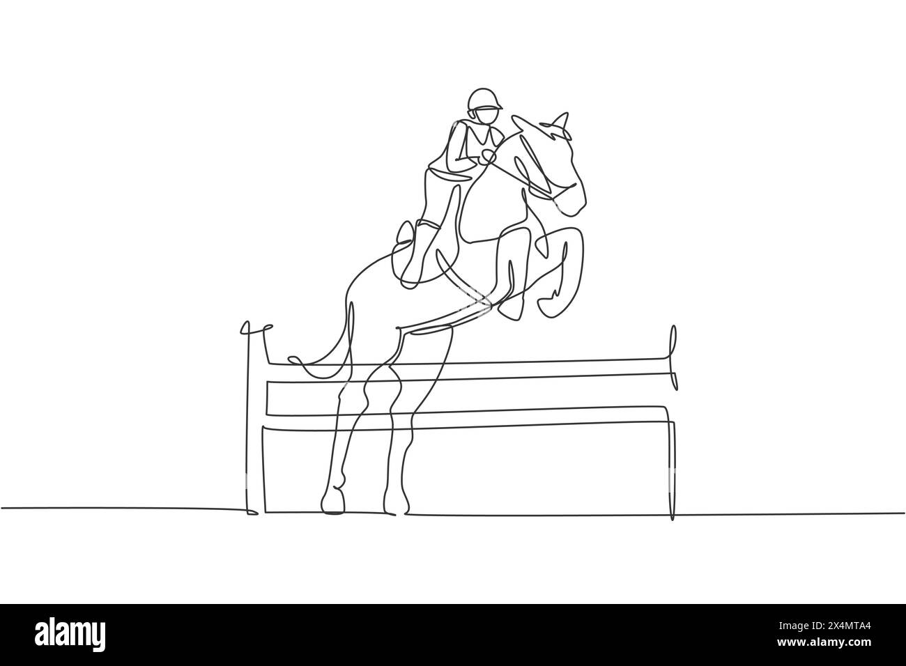 Una linea singola disegna un giovane cavaliere che esegue il dressage saltando la grafica dell'illustrazione del vettore di prova dell'ostacolo. Competi per lo sport equestre Illustrazione Vettoriale