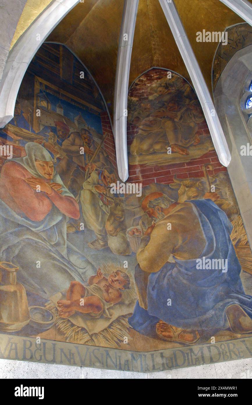 La nascita di Gesù, affreschi nella chiesa di San Marco a Zagabria in Croazia Foto Stock
