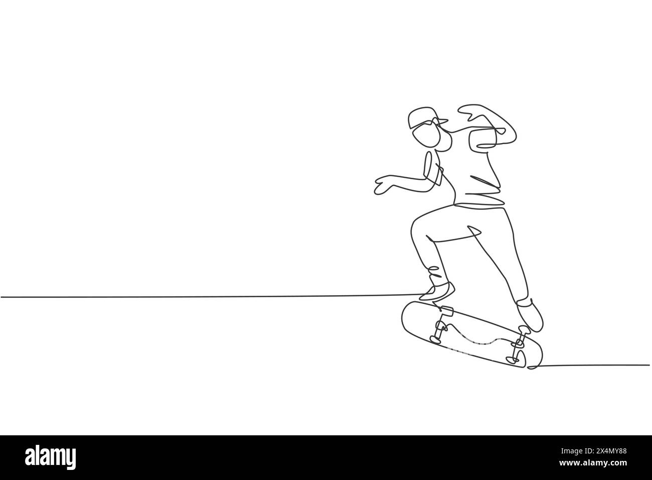 Un disegno su una sola linea di un giovane skateboarder che fa ginnastica di skateboard nell'illustrazione vettoriale della città. Stile di vita per adolescenti e sport all'aperto estremi Illustrazione Vettoriale