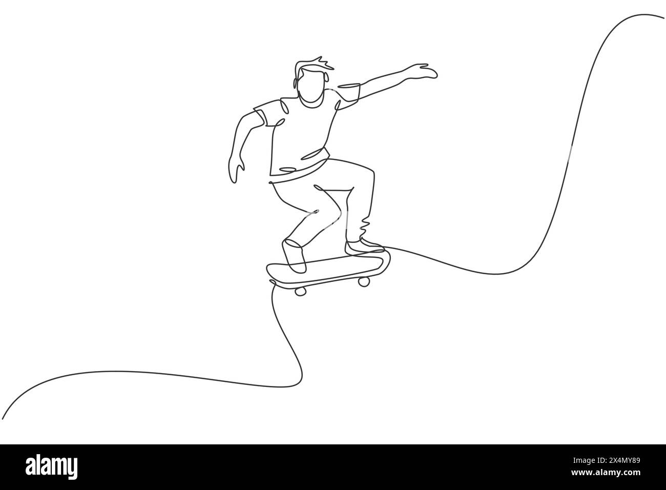Disegnare una singola linea continua di un giovane uomo skateboarder che cavalca pattinaggio e fa il salto nello skate Park. Pratica di sport all'aperto. Illustrazione Vettoriale