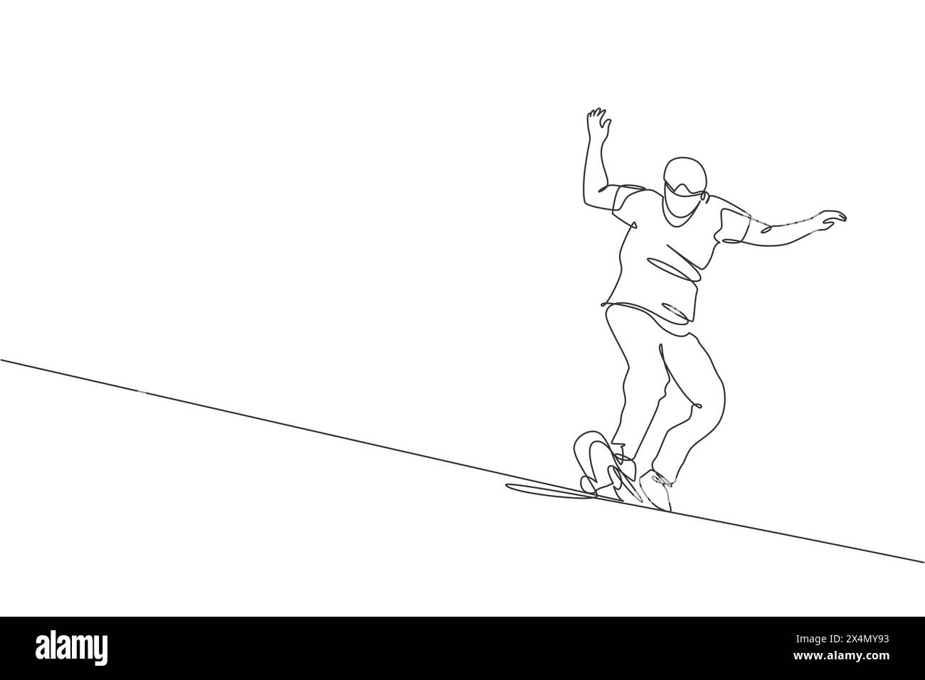 Disegno a linea continua di un giovane e cool skateboarder che cavalca skate e fa scivolo nello skate Park. Pratica di sport all'aperto. Illustrazione Vettoriale