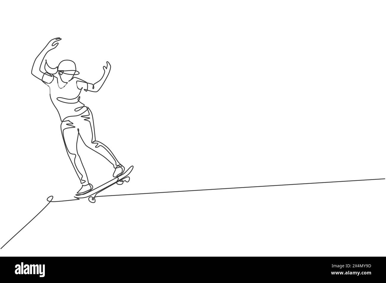 Una linea continua che disegna un giovane e cool skateboarder che cavalca uno skateboard facendo uno scivolo nello skatepark. Concetto di sport estremo per adolescenti. Si dinamico Illustrazione Vettoriale