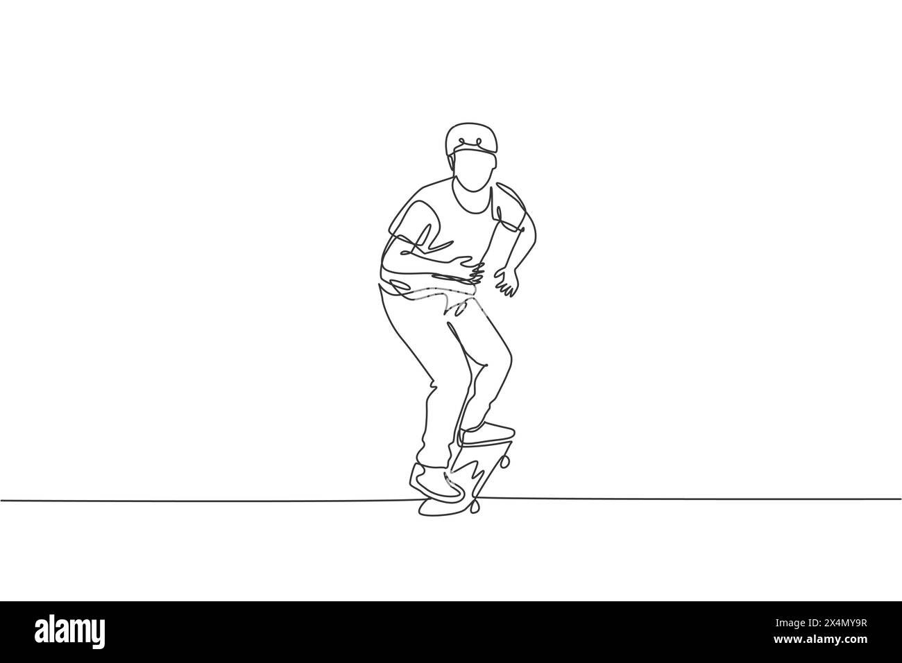 Disegnare una linea continua di giovani skateboarder che cavalcano skate e si esibiscono in skate Park. Pratica di sport all'aperto. Tendenza Illustrazione Vettoriale