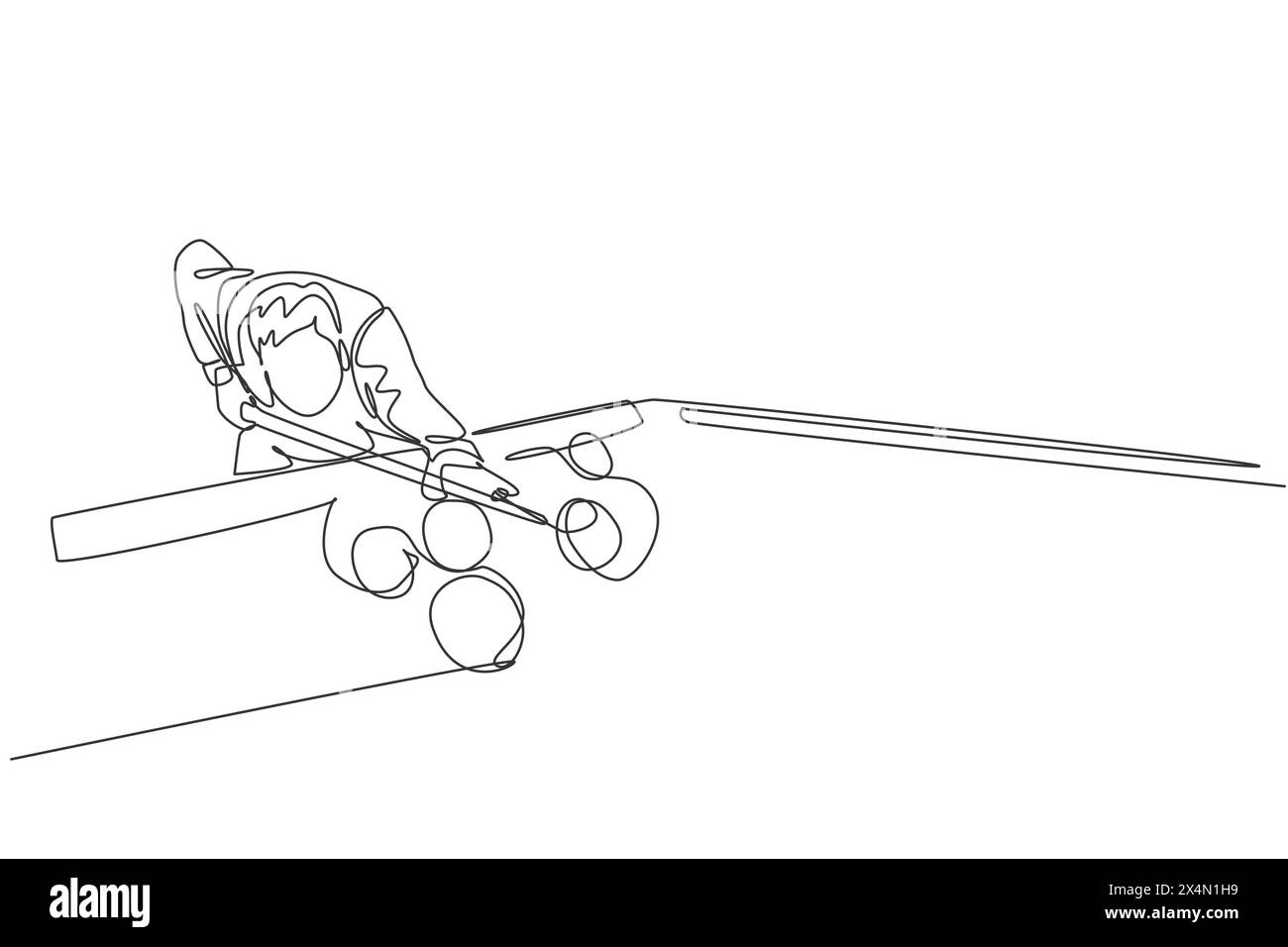Un disegno continuo di un giovane e affascinante uomo che punta puntando prima di colpire le palle da biliardo in piscina con il bastone. Concetto di gioco sportivo indoor per tornei. Diam Illustrazione Vettoriale