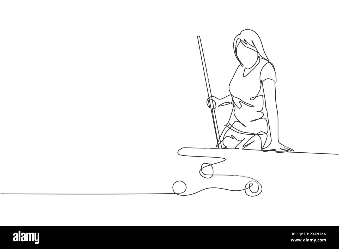 Un disegno continuo di una giovane donna di bellezza che punta puntando prima di colpire le palle da biliardo in piscina con il bastone. Concetto di gioco sportivo indoor per tornei. Diam Illustrazione Vettoriale