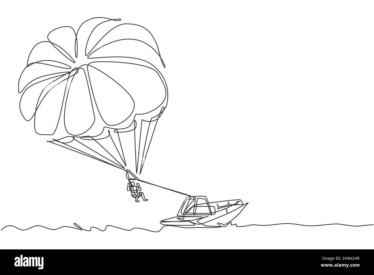 Una linea continua che traccia il giovane coraggio che vola nel cielo usando il paracadute per paracadutismo ascensionale dietro la barca. Concetto di sport estremi pericolosi all'aperto. D Illustrazione Vettoriale